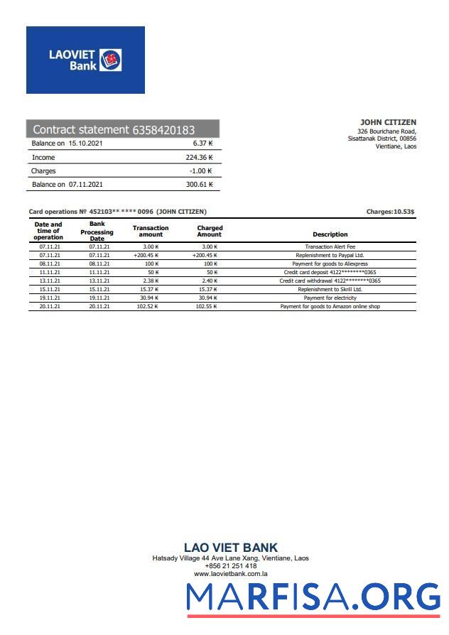 Realistic Laos Lao Viet bank statement word example